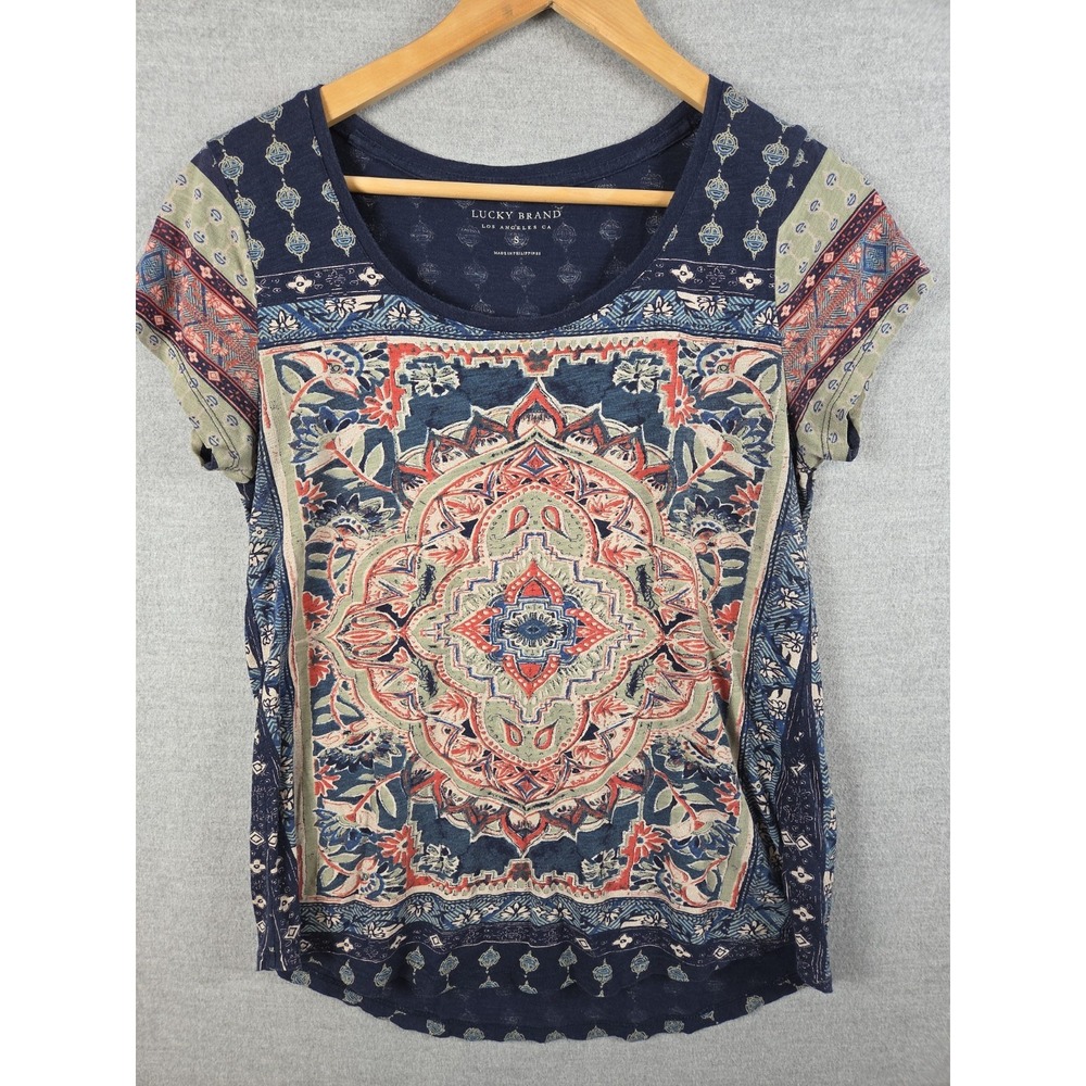 Lucky Brand Navy Blue Multi Top Womens S Short Sleeve Blouse Mandala Hippie Boho